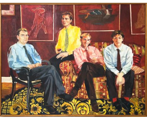 MANNER OF DAVID HOCKNEY (British b.1937), 'Seated Gentlemen with Elizabeth Frink Paintings', oil on canvas, 121cm x 152cm, fr