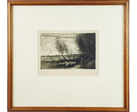 JOHN EVAN HODGSON (British 1831-1895), 'A Windy Day' etching signed and titled in pencil, 18cm x 24cm, framed.