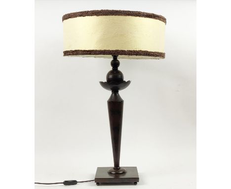 TABLE LAMP, metal with a circular tufted shade, 72cm H including shade.