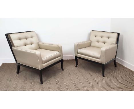 ARMCHAIRS, a pair, button back ebonised frames, 68cm W approx. (2)
