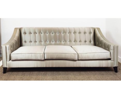 SOFA, button back, grey upholstery ebonised supports with studded detail, 231cm W approx.