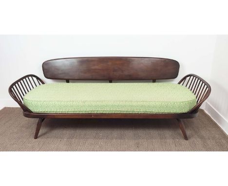ERCOL SOFA, mid 20th century elm back with patterned green cushion seat, 77cm H x 209cm x 79cm.