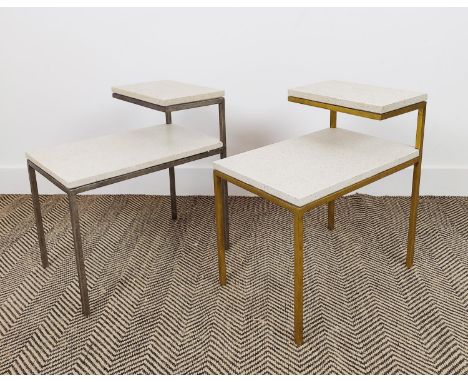 LAMP/BEDSIDE TABLES, a near pair, gilt and silvered metal with two tier stone effect tops, 51cm H x 31cm W x 47cm D. (2)
