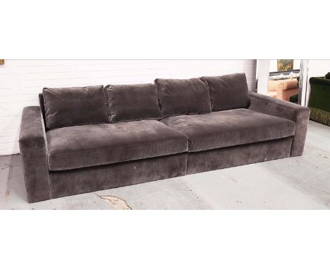 SOFA, grey velvet upholstered, 230cm W x 115cm D, in two sections.