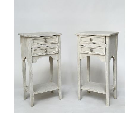 BEDSIDE LAMP TABLES, a pair, French traditionally grey painted each with two drawers and undertier, 36cm W x 25cm D x 70cm H.