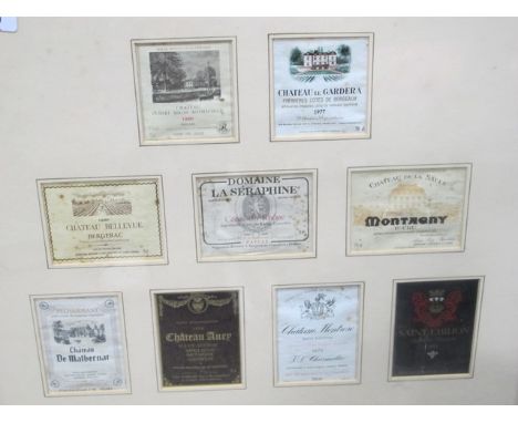 NINE FRAMED FRENCH VINTAGE WINE LABELS 50cm x 57cm