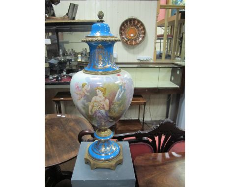 A FINE FRENCH TURQUOISE GILT BRASS MOUNTED LIDDED VASE of baluster form surmounted with a pineapple finial above a waisted ne