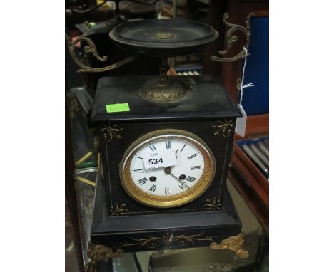 A BLACK SLATE MANTLE CLOCK 19th Century the rectangular case with circular dial and Roman numerals surmounted with a classica