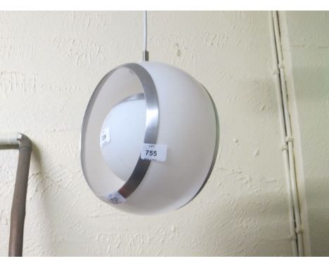 AN ITALIAN PENDANT CEILING LIGHT with a chrome detail surrounding an opaque glass shade with a spherical globe in the centre