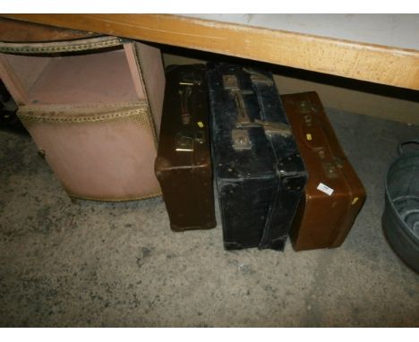 Basket Bedside Cabinet and 3 Vintage Suitcases