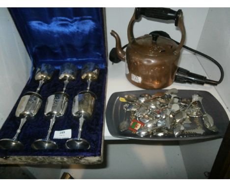 Shelf inc Collectors Spoons, Copper Kettle and a Boxed Set of Goblets