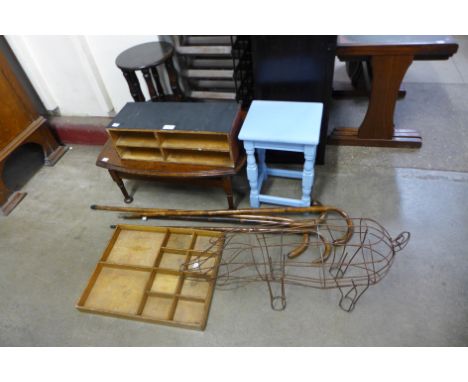 A painted stool, occasional table, letter rack, wirework pig, walking canes, etc. 