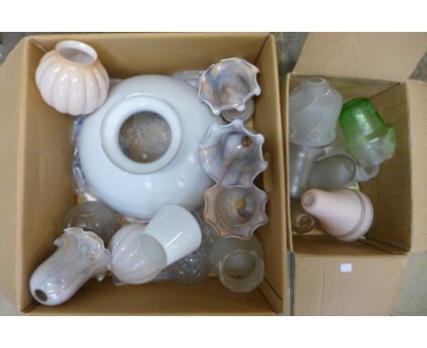 Two boxes of assorted oil lamp glass shades, etc. 