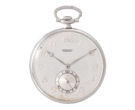 MAURICE WOLF Art Déco Lépine Taschenuhr mit Kette. Platin 950 mit Silberauflage. Gehäuserand und Bügel mit Diamantbesatz, ins