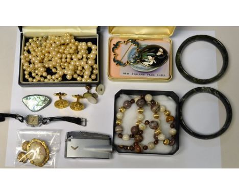 A 14ct gold and polished agate bead necklace, the clasp marked 9ct; an Art Deco lady's watch; a gold plated cameo brooch; sim