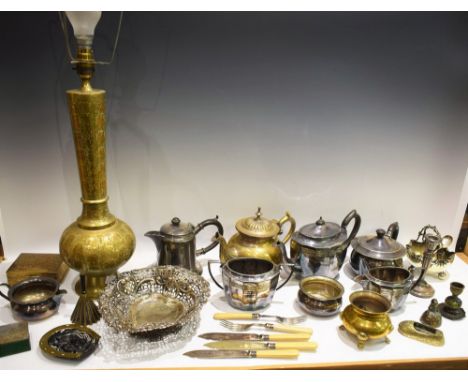 Metalware - a brass Persian table lamp; an EPNS tea service; other brass and silver plated wares; etc