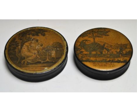 An early 19th century French papier mâché circular snuff box, La Leçon d'Ecriture, the cover transfer printed with a didactic
