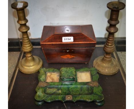 A 19th century faux malachite green papier mache desk stand with Gothic style pierced metal detailing; a 19th century mahogan
