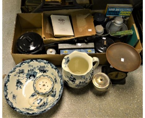 Kitchenalia - a set of Hughes Family Scales; black enamel long handled pans; cookery books; a Victorian wash jug and bowl; et
