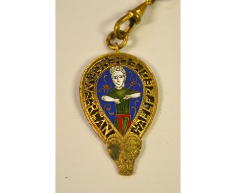 An enamel pendant modelled after the 9th century Alfred Jewel, on guard chain