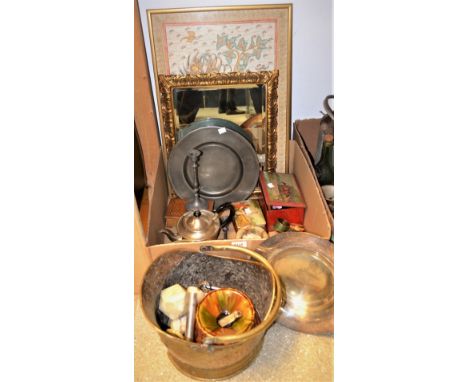 Boxes and Objects - a Stevengraph woven silk picture, The Good Old Days, framed; a 19th century Majolica spittoon; a guilloch