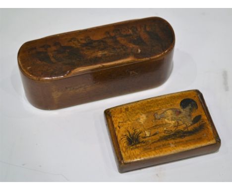 An early Victorian novelty rectangular cedar snuff box, the hinged cover transfer printed with a cockerel addressing his chic