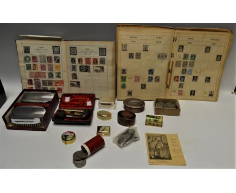 A rosewood pipe bowl; another, both cased in Recherche Crown Pipes box; coins; snuff boxes; brush set; schoolboy stamp albums