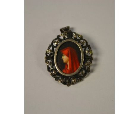 An Italian silver portrait miniature pendant, girl in profile with red hood, marked 800