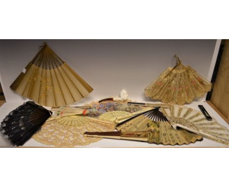 A quantity of fans, including organza, paper, lace etc; a meerschaum type pipe
