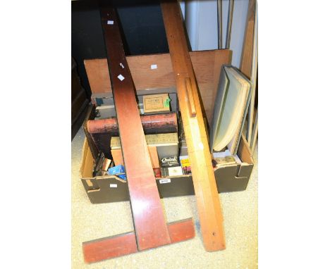 Draughtsman's Equipment - T-square, rules, dip pens, ink, adjustable magnifying glass, etc; a Victorian leather bound ledger 