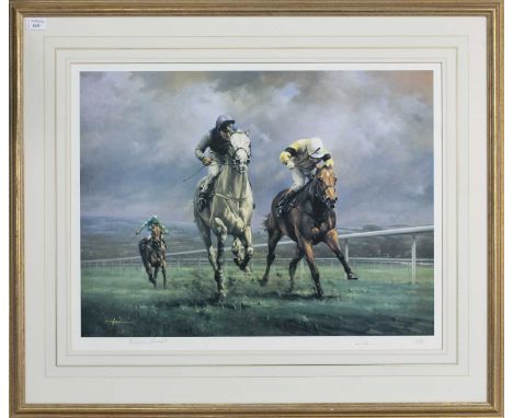 DESERT ORCHID'S 1989 CHELTENHAM GOLD CUP SIGNED LIMITED EDITION PRINT,with Simon Sherwood up, by Graeme Isom, signed by artis