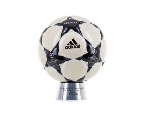 CHAMPIONS LEAGUE FINAL 2002 'OFFICIAL MATCH BALL' PRESENTATION SET,the stand inscribed 'In Apprectiation of Outstanding Contr