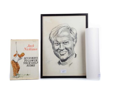 J. RATTRAYJACK NICKLAUS, head study pencil sketch, signed by the artist and Jack Nicklaus, 38cm x 27cm, framed and glazed als