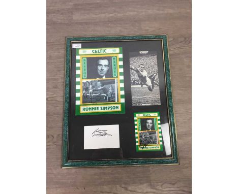 SIGNED RONNIE SIMPSON DISPLAY,mounted with three signed pictures, framed and under glass, 56cm x 45.6cm overall, along with a