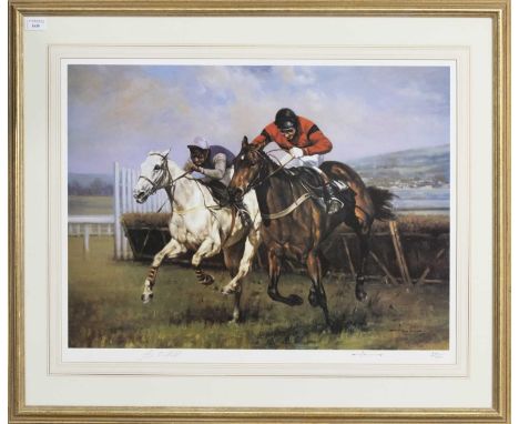 DAWN RUN'S 1984 CHAMPION HURDLE SIGNED LIMITED EDITION PRINT,beating Desert Orchid with Jonjo O'Neill up, by Graeme Isom, sig