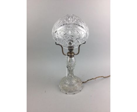 CLEAR CUT GLASS TABLE LAMP, with detachable mushroom shade, 41cm high