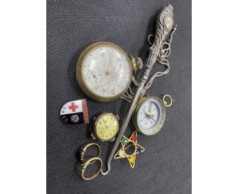 MIXED LOT OF VINTAGE JEWELLERY, along with a compass, pocket watch and button hook