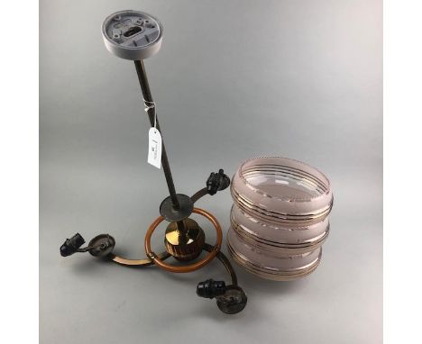 ART DECO THREE BRANCH CEILING LIGHT, with pink and gilt glass shades, 56cm high