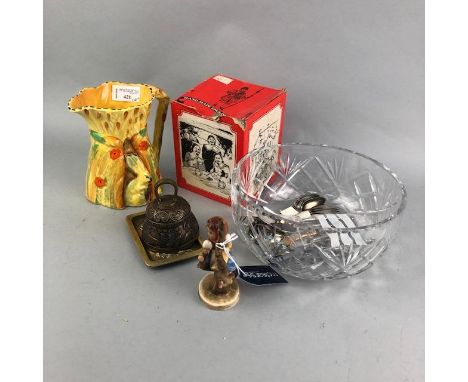 BURLEIGH WARE JUG, 15cm high, with rabbit in relief, along with a Hummel figure, crystal bowl, pewter tankard, brass bell and