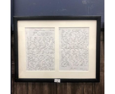 PETER HOWSON OBE, TWO HANDWRITTEN PAGES WITH THE ARTISTS EXPLANATION OF THE THREE PAINTINGS, FAITH, HOPE AND CHARITY, signed 