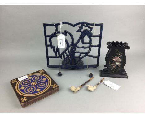 VINTAGE CAST IRON SHEET MUSIC HOLDER, 26cm wide, depicting a rooster, along with a stone tile, walking cane and other items