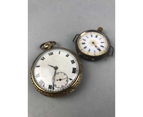 SILVER FOB WATCH, with white enamel dial, along with a rolled gold pocket watch (2)