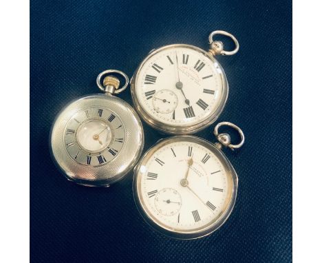 CONTINENTAL DEMI HUNTER TOP WIND POCKET WATCH, in 0.935 engine turned silver case along with two English silver cased key win