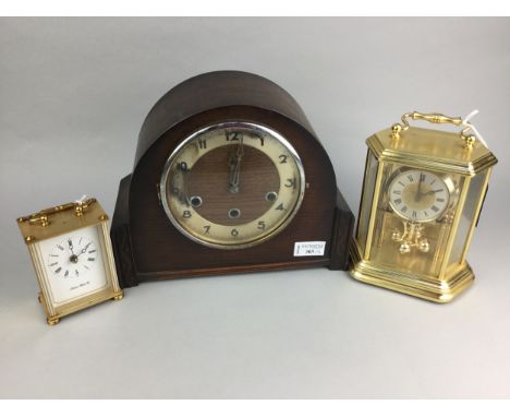 20TH CENTURY OAK CASED MANTEL CLOCK, 23cm high, along with a reproduction carriage clock and another clock (3)