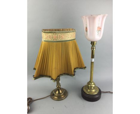 BRASS TABLE LAMP, with pink glass shade, along with a brass column table lamp (2)