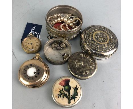 ROLLED GOLD POCKET WATCH, along with another pocket watch, vintage compact, a small selection of costume jewellery, and two s