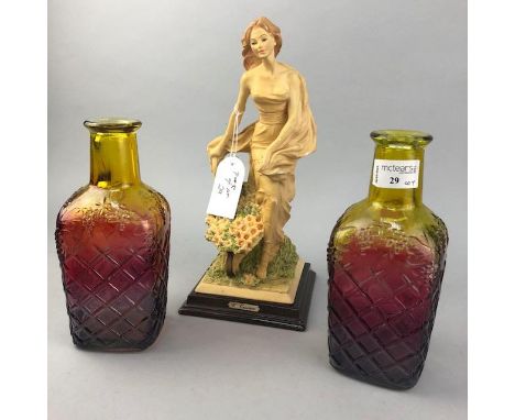 PAIR OF COLOURED GLASS BOTTLE VASES, 20cm high, along with a pair of lidded jars, ceramic plates, and bird figures. Also incl