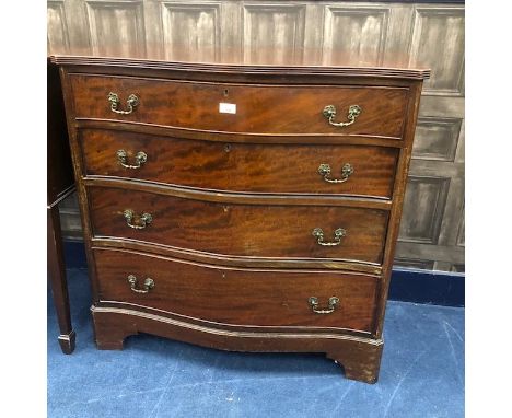 REPRODUCTION MAHOGANY SERPENTINE FRONTED CHEST OF DRAWERS, 91cm wide, on bracket feet, along with an oval dressing mirror (2)