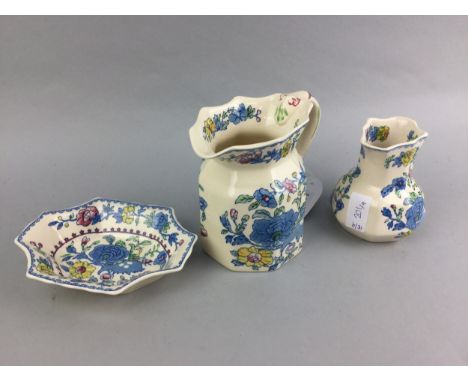 MASONS WATER JUG, 14cm high, along with a matching smaller jug and dish, also six Booths ceramic plates, decorated with flora