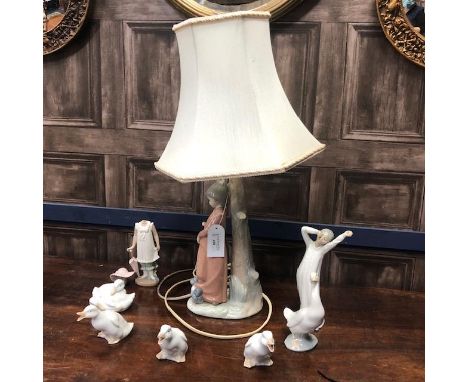 SPANISH CERAMIC FIGURAL TABLE LAMP, with shade, along with other Spanish figures